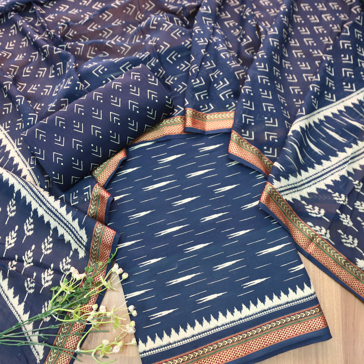 Syami Navy Blue Ikkat Printed Mangalgiri Hem Cotton Set-D1