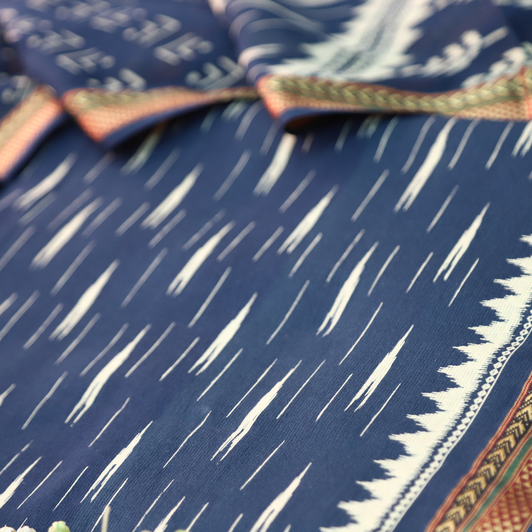 Syami Navy Blue Ikkat Printed Mangalgiri Hem Cotton Set-D1