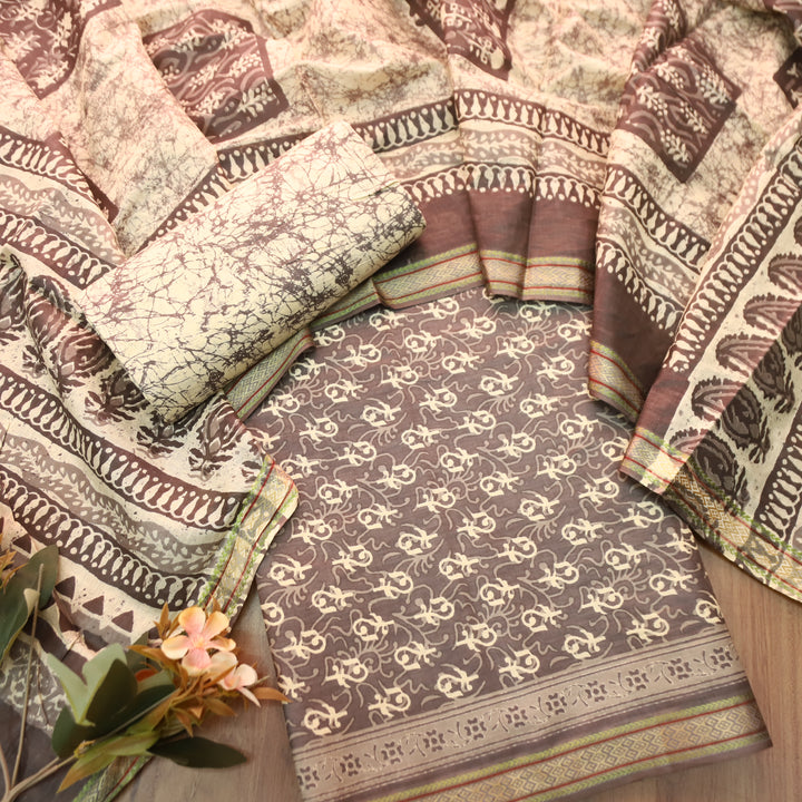 Anshima Tan Beige All Over Digital Self Printed Cotton Suit Set