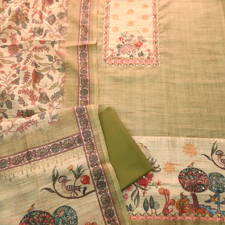 Prachi Grass Green Zari with Moti Printed Yoke Cotton Linen Set