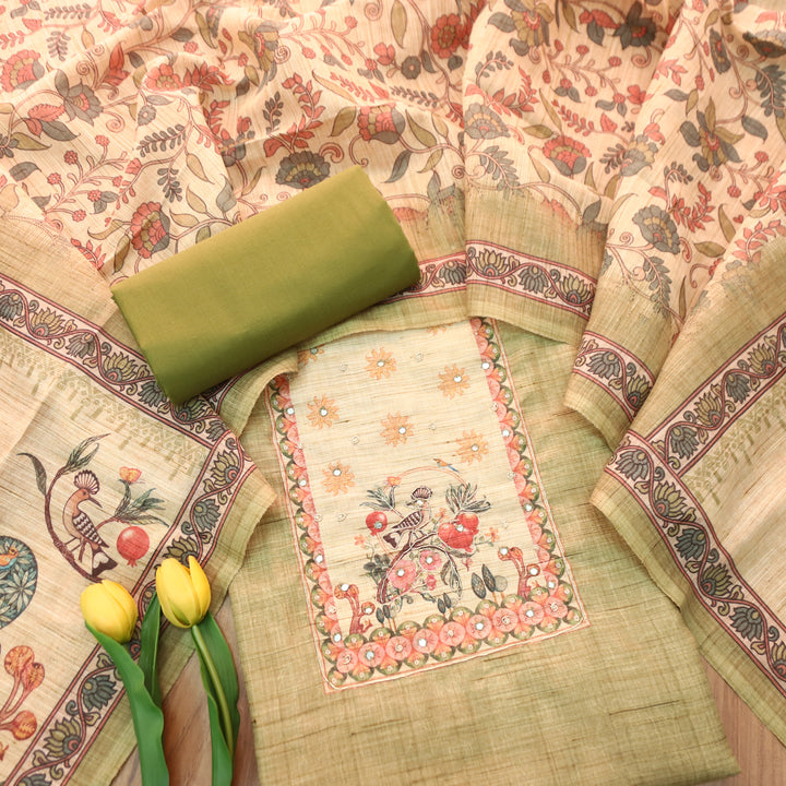 Prachi Grass Green Zari with Moti Printed Yoke Cotton Linen Set