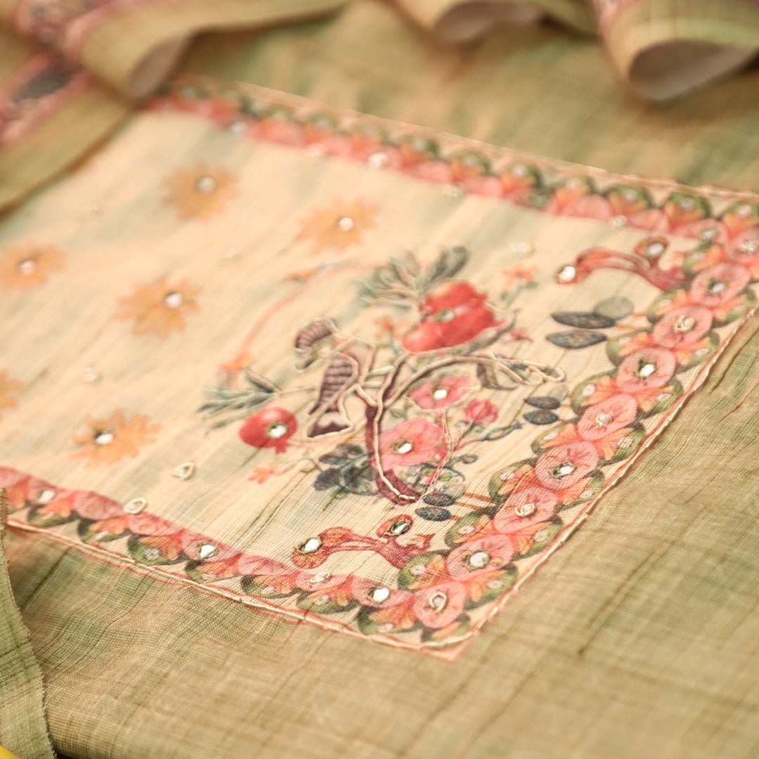 Prachi Grass Green Zari with Moti Printed Yoke Cotton Linen Set