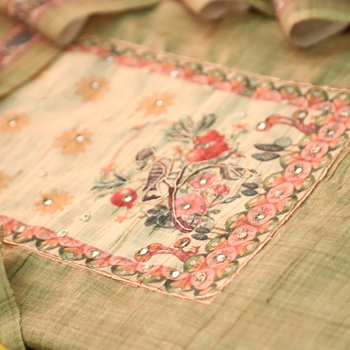 Prachi Grass Green Zari with Moti Printed Yoke Cotton Linen Set