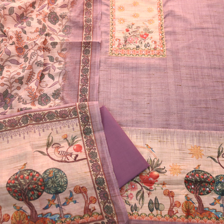 Prachi Orchid Lilac Zari with Moti Printed Yoke Cotton Linen Set