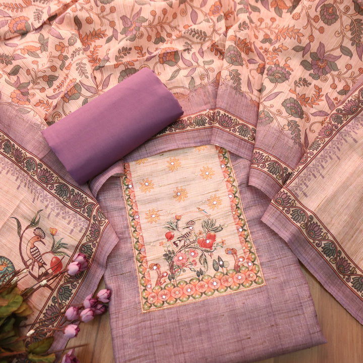 Prachi Orchid Lilac Zari with Moti Printed Yoke Cotton Linen Set