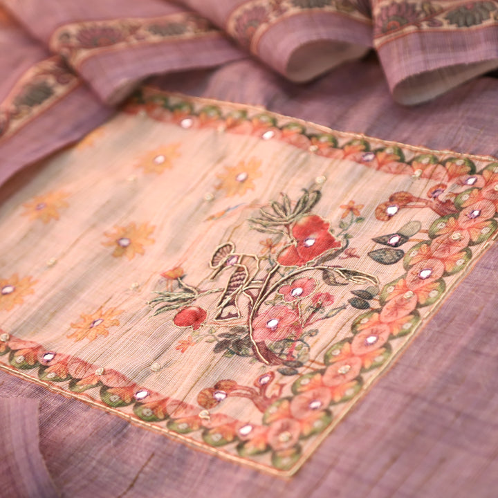 Prachi Orchid Lilac Zari with Moti Printed Yoke Cotton Linen Set