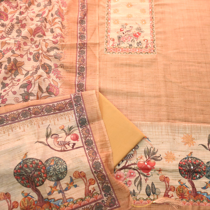 Prachi Peanut Beige Zari with Moti Printed Yoke Cotton Linen Set