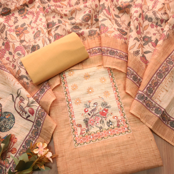 Prachi Peanut Beige Zari with Moti Printed Yoke Cotton Linen Set