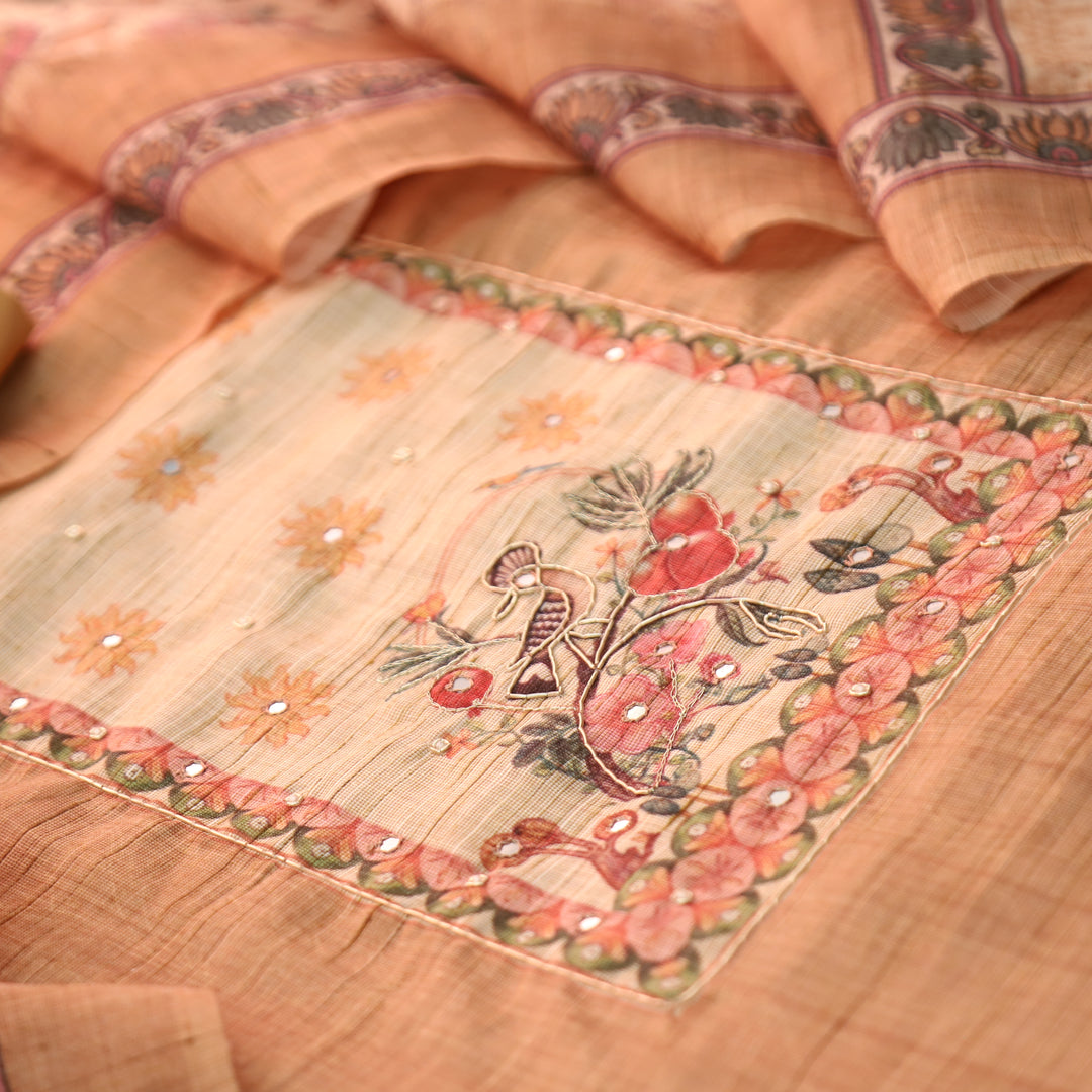 Prachi Peanut Beige Zari with Moti Printed Yoke Cotton Linen Set