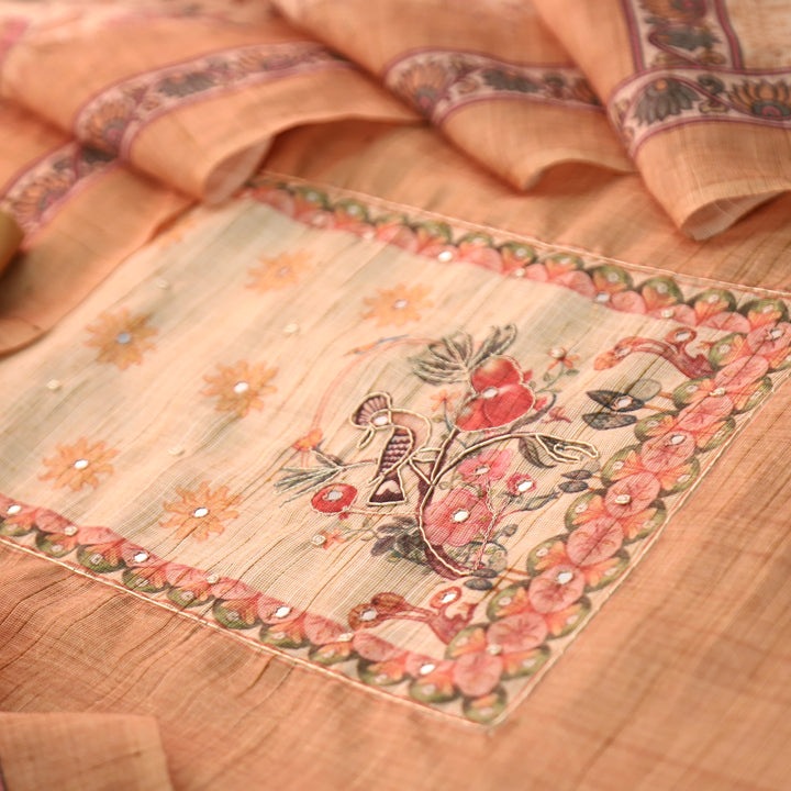 Prachi Peanut Beige Zari with Moti Printed Yoke Cotton Linen Set