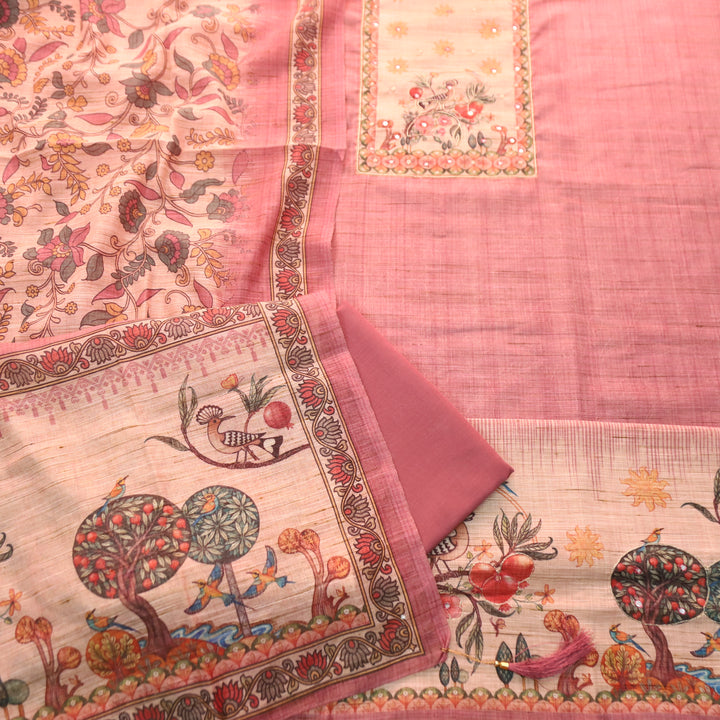 Prachi Mauve Pink Zari with Moti Printed Yoke Cotton Linen Set