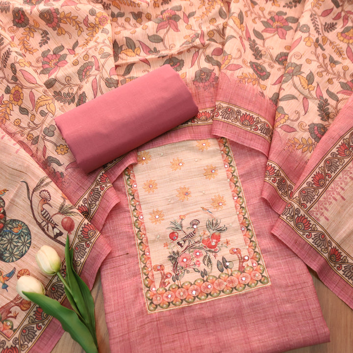 Prachi Mauve Pink Zari with Moti Printed Yoke Cotton Linen Set