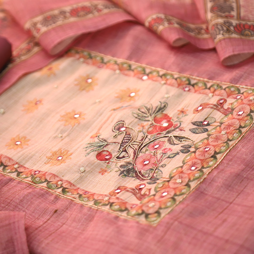 Prachi Mauve Pink Zari with Moti Printed Yoke Cotton Linen Set