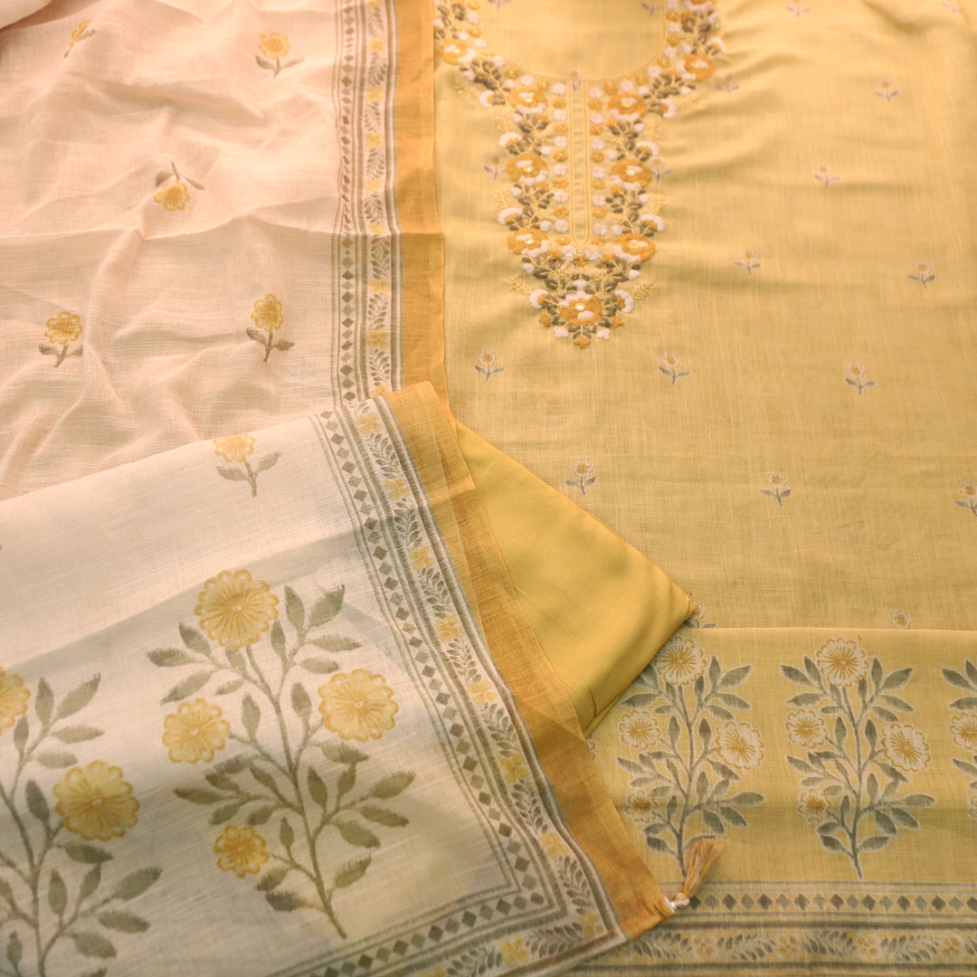 Mirha Corn Yellow Thread Embroidered Work Cotton Linen Set