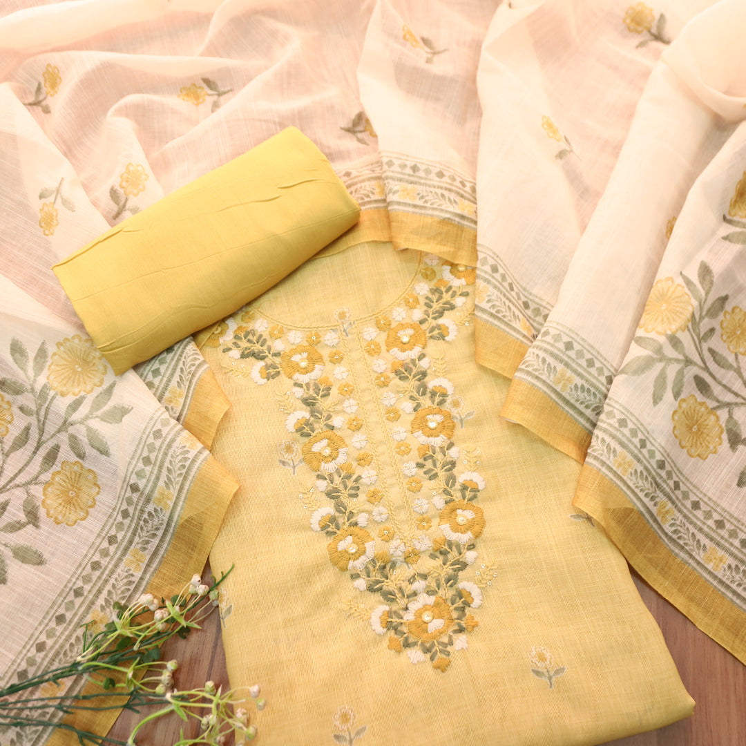 Mirha Corn Yellow Thread Embroidered Work Cotton Linen Set