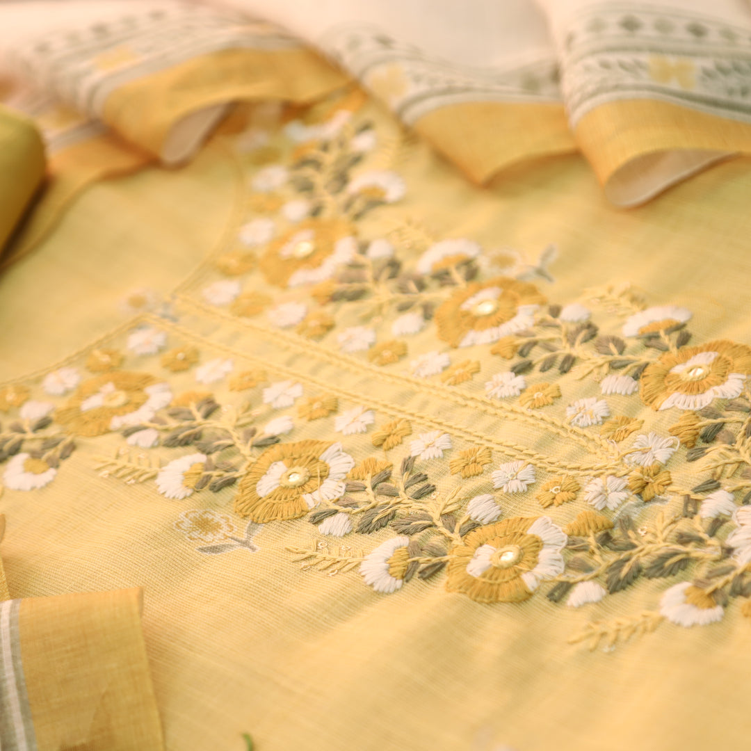 Mirha Corn Yellow Thread Embroidered Work Cotton Linen Set