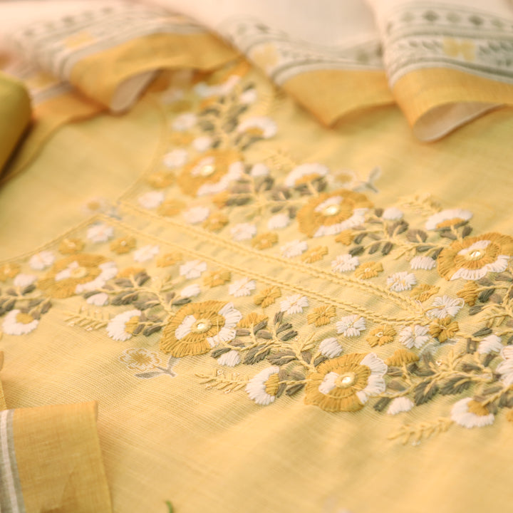 Mirha Corn Yellow Thread Embroidered Work Cotton Linen Set