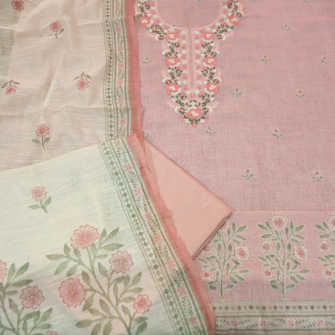 Mirha Pastel Pink Thread Embroidered Work Cotton Linen Set