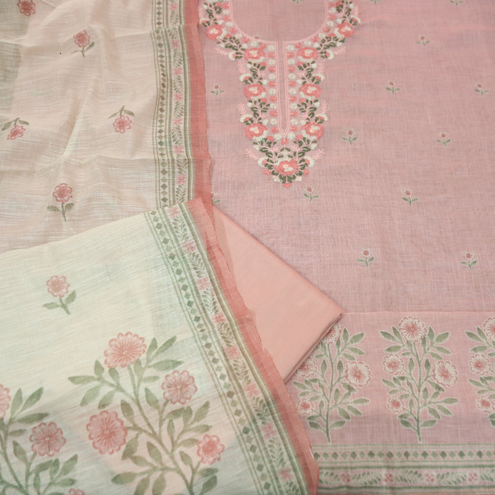 Mirha Pastel Pink Thread Embroidered Work Cotton Linen Set