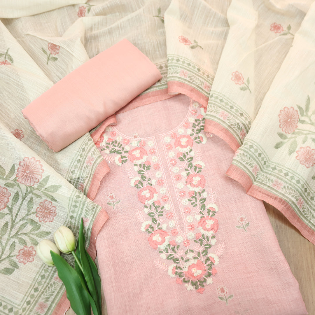 Mirha Pastel Pink Thread Embroidered Work Cotton Linen Set