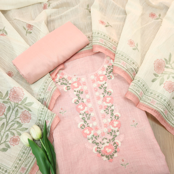 Mirha Pastel Pink Thread Embroidered Work Cotton Linen Set