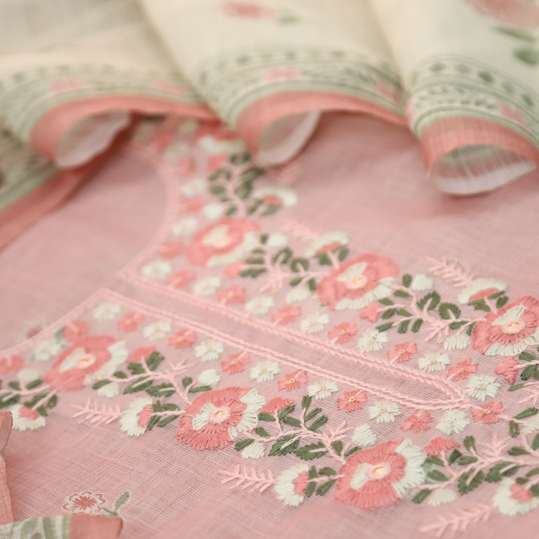 Mirha Pastel Pink Thread Embroidered Work Cotton Linen Set