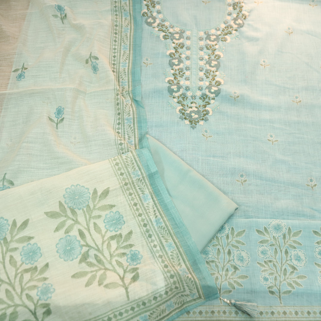Mirha Powder Blue Thread Embroidered Work Cotton Linen Set