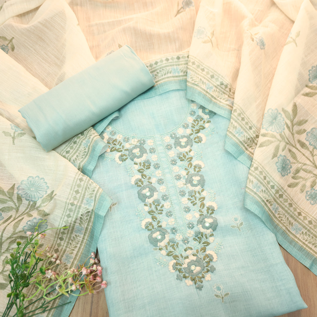 Mirha Powder Blue Thread Embroidered Work Cotton Linen Set