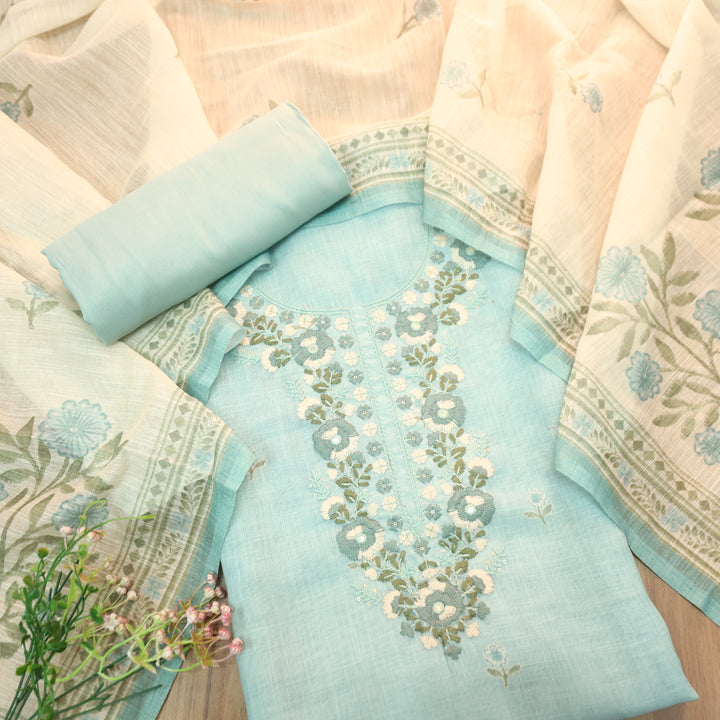 Mirha Powder Blue Thread Embroidered Work Cotton Linen Set