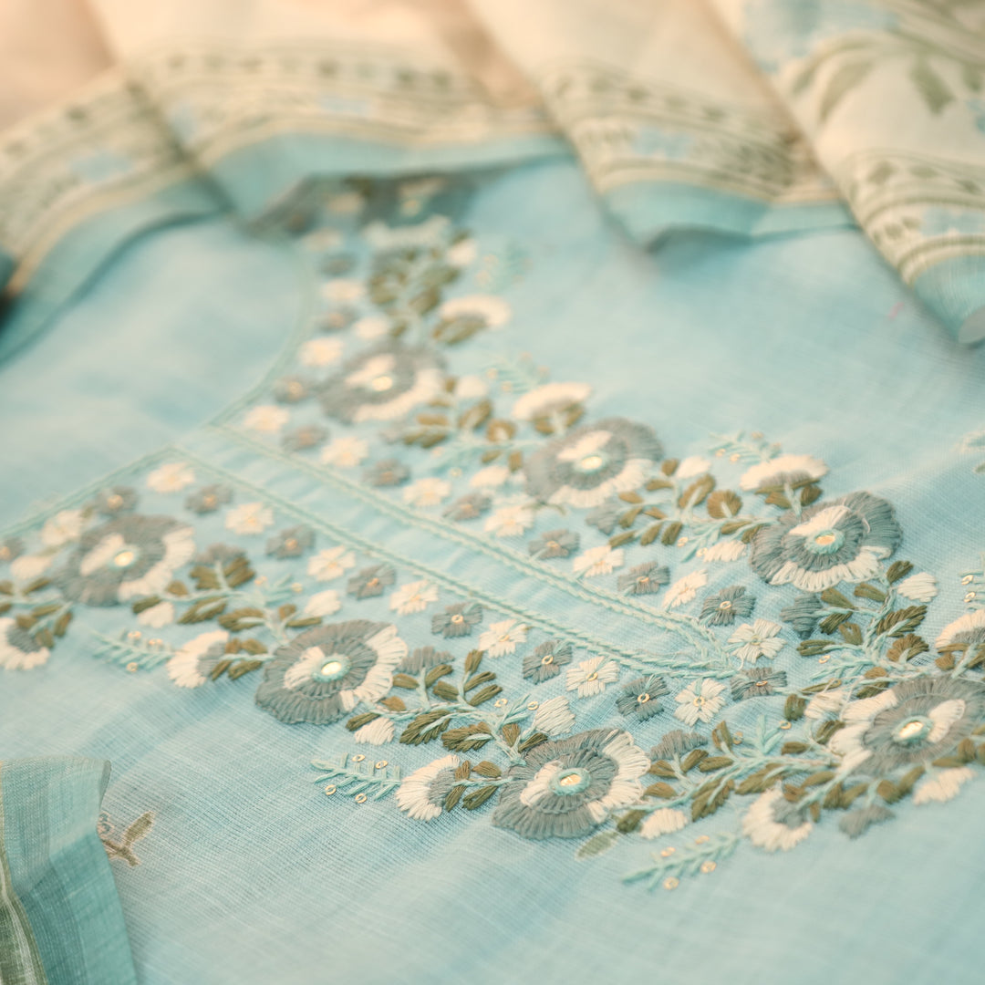 Mirha Powder Blue Thread Embroidered Work Cotton Linen Set