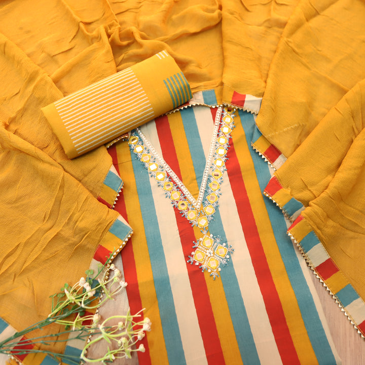 Saira Yellow with Stripe Printed Embellished V Neck Cotton Set