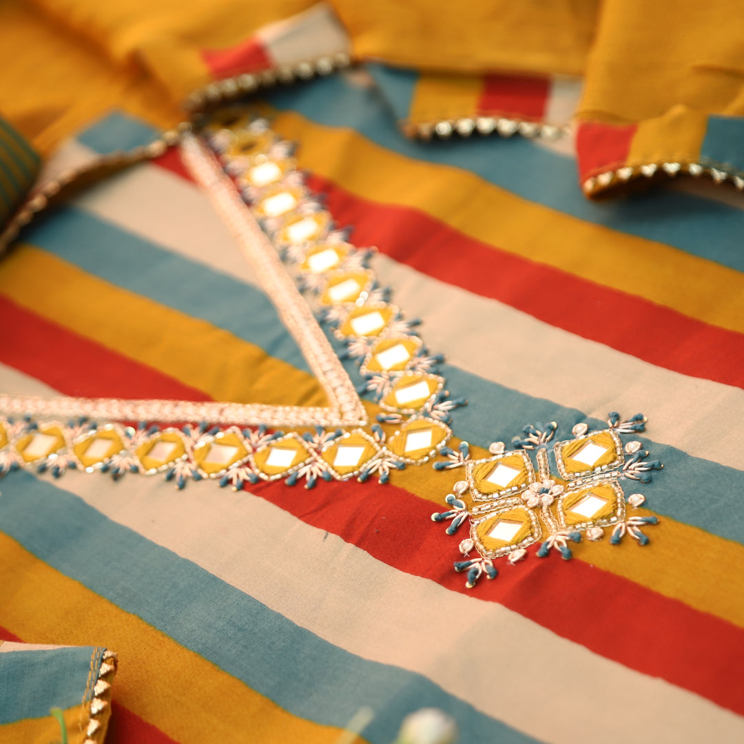 Saira Yellow with Stripe Printed Embellished V Neck Cotton Set