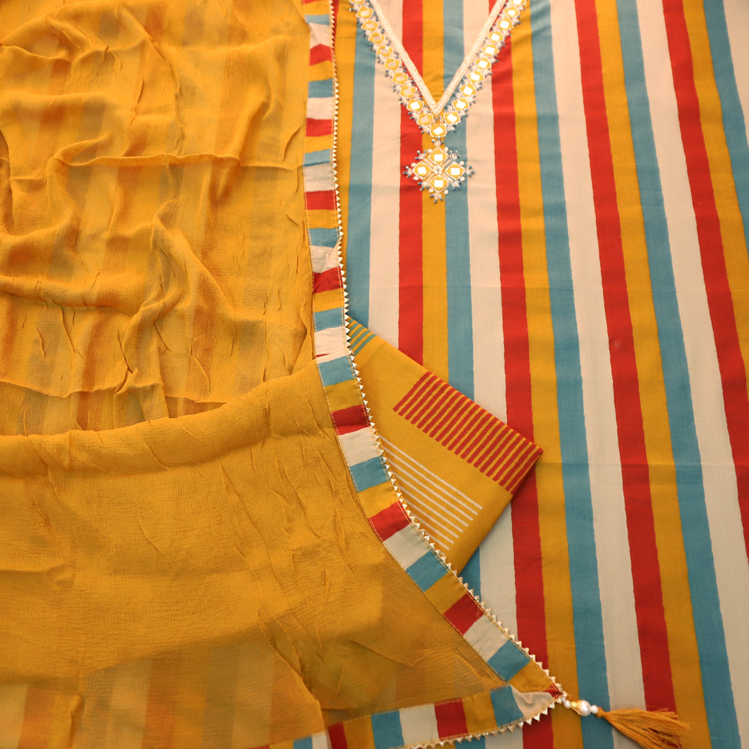 Saira Yellow with Stripe Printed Embellished V Neck Cotton Set