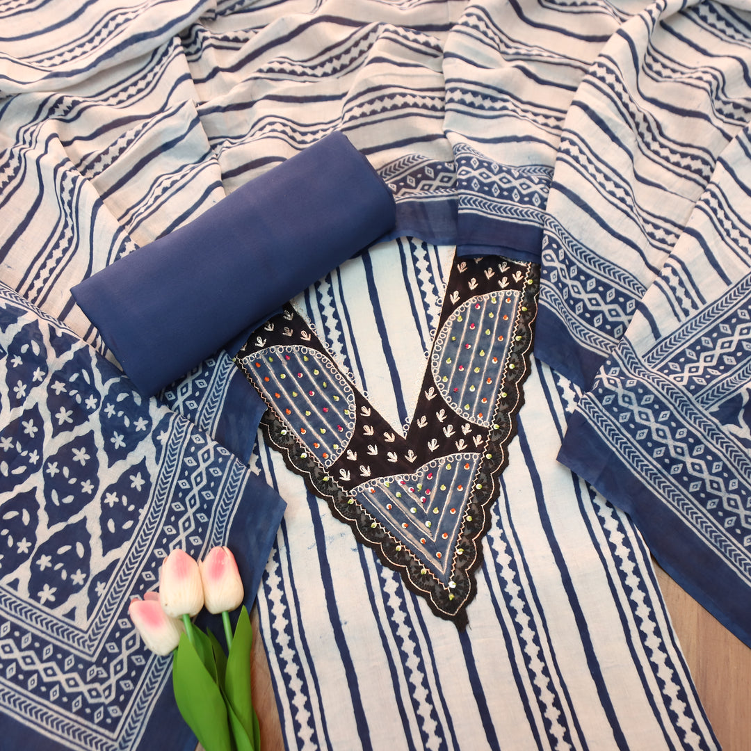 Rajmoli Amber Blue Dabu Printed Zari Work Neck Patch Cotton Set