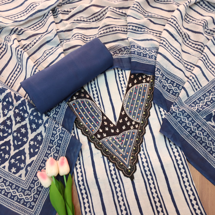 Rajmoli Amber Blue Dabu Printed Zari Work Neck Patch Cotton Set