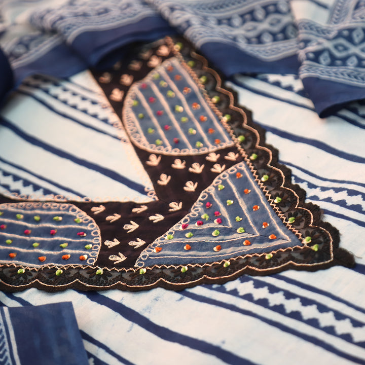 Rajmoli Amber Blue Dabu Printed Zari Work Neck Patch Cotton Set