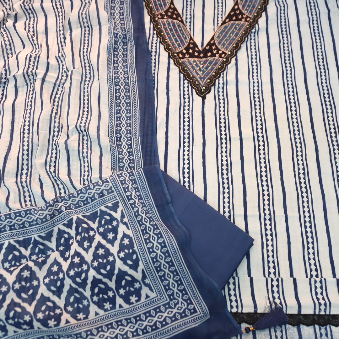 Rajmoli Amber Blue Dabu Printed Zari Work Neck Patch Cotton Set
