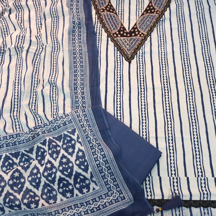 Rajmoli Amber Blue Dabu Printed Zari Work Neck Patch Cotton Set