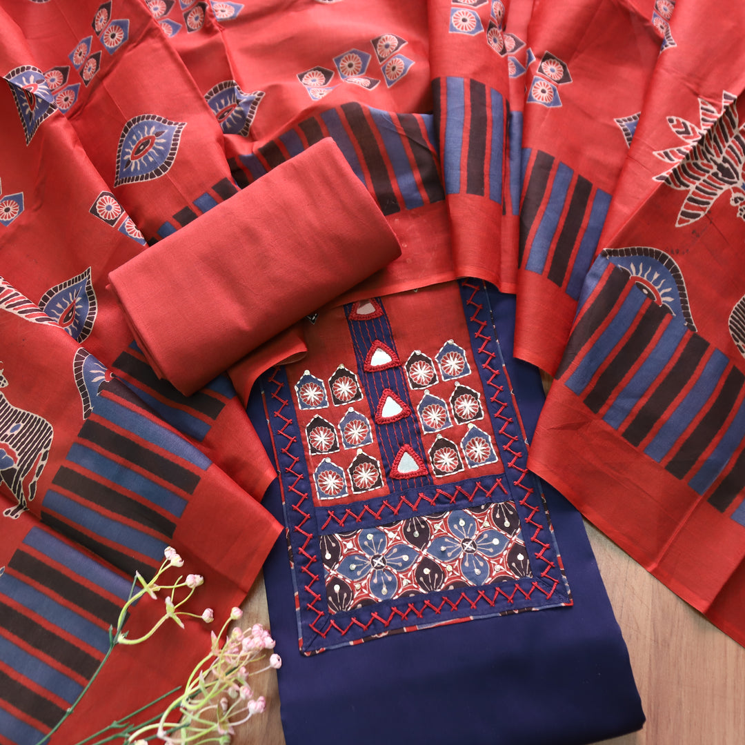 Bhumi Denim Blue Kutch Yoke with Mirror Work Glazed Cotton Set