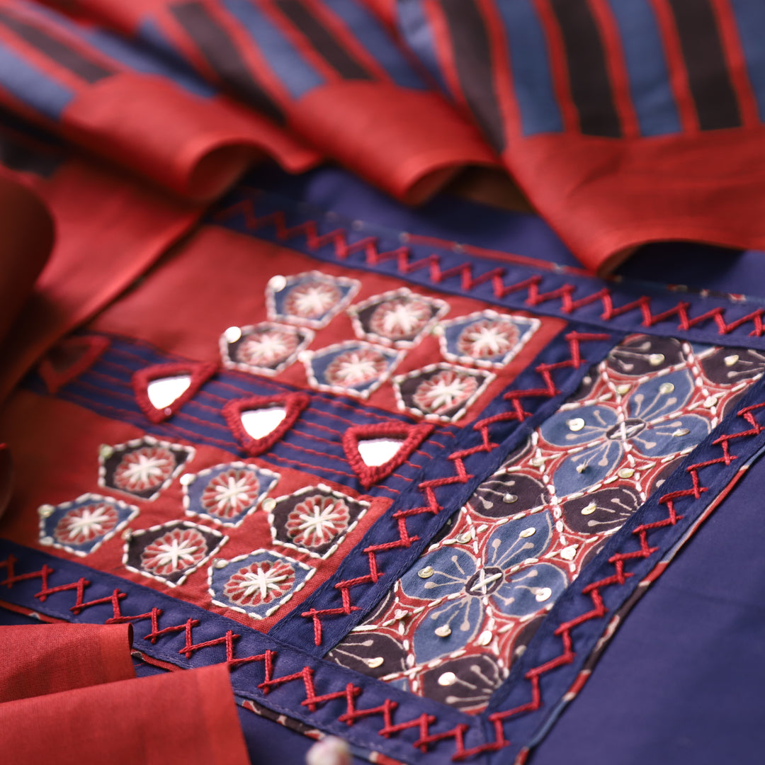 Bhumi Denim Blue Kutch Yoke with Mirror Work Glazed Cotton Set