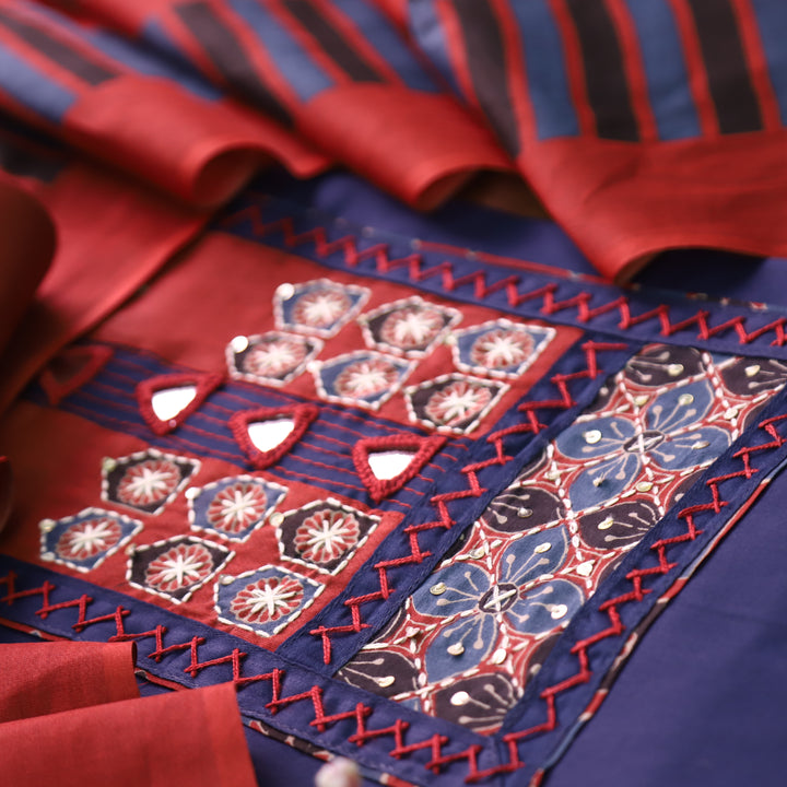 Bhumi Denim Blue Kutch Yoke with Mirror Work Glazed Cotton Set