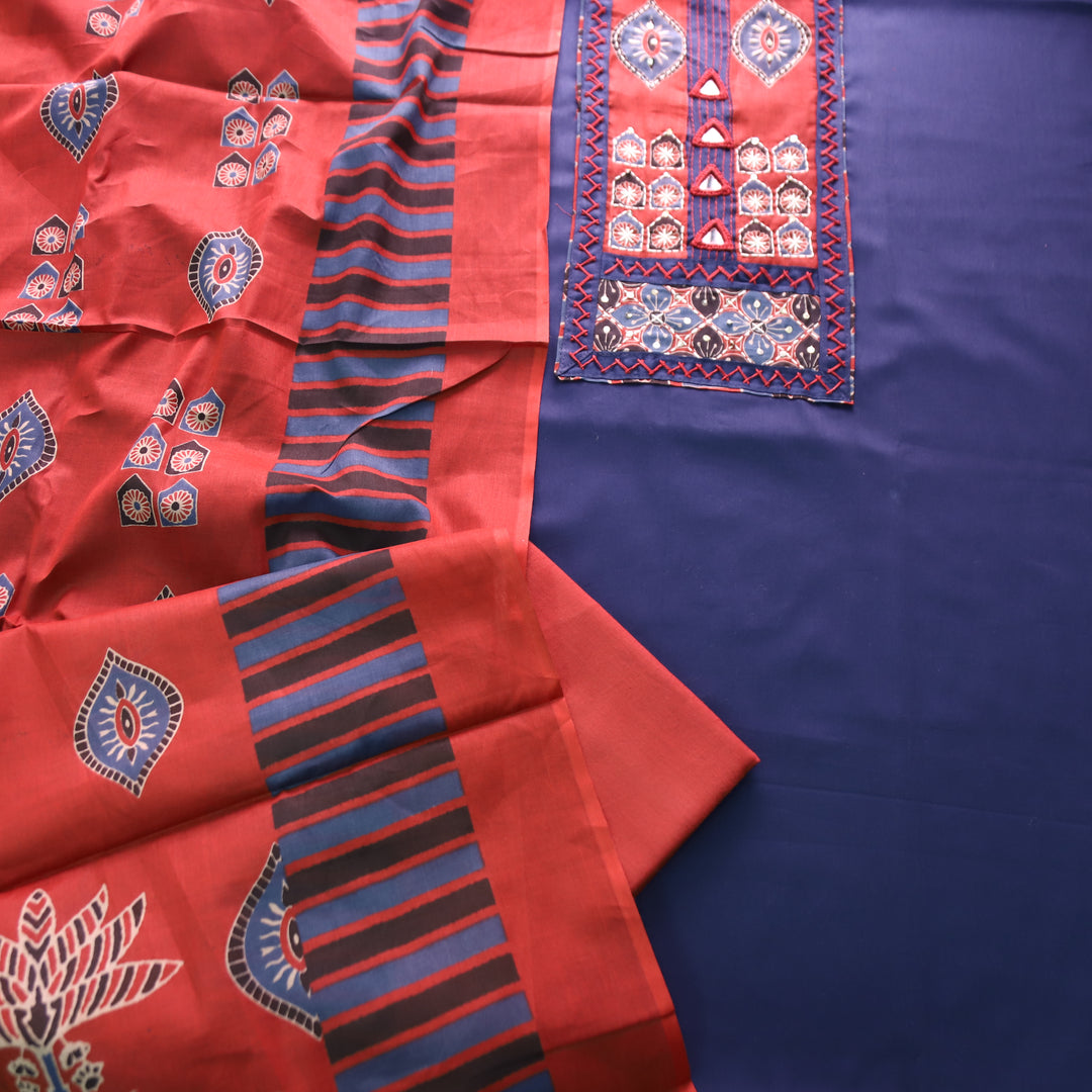 Bhumi Denim Blue Kutch Yoke with Mirror Work Glazed Cotton Set