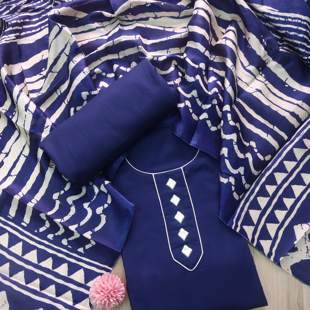 Aayat Royal Blue with Mirror Neck Work Cotton Slub Suit Set