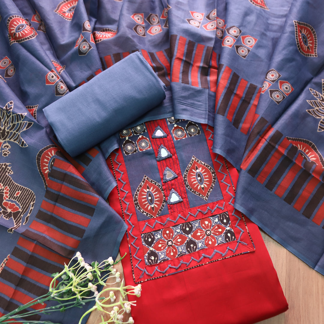 Bhumi Cherry Red Kutch Yoke with Mirror Work Glazed Cotton Set
