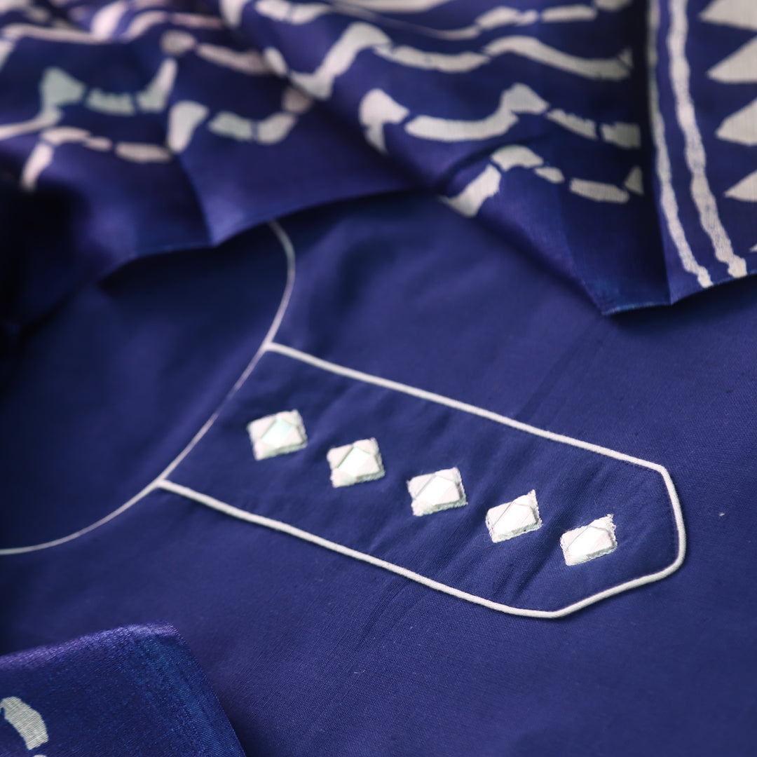 Aayat Royal Blue with Mirror Neck Work Cotton Slub Suit Set
