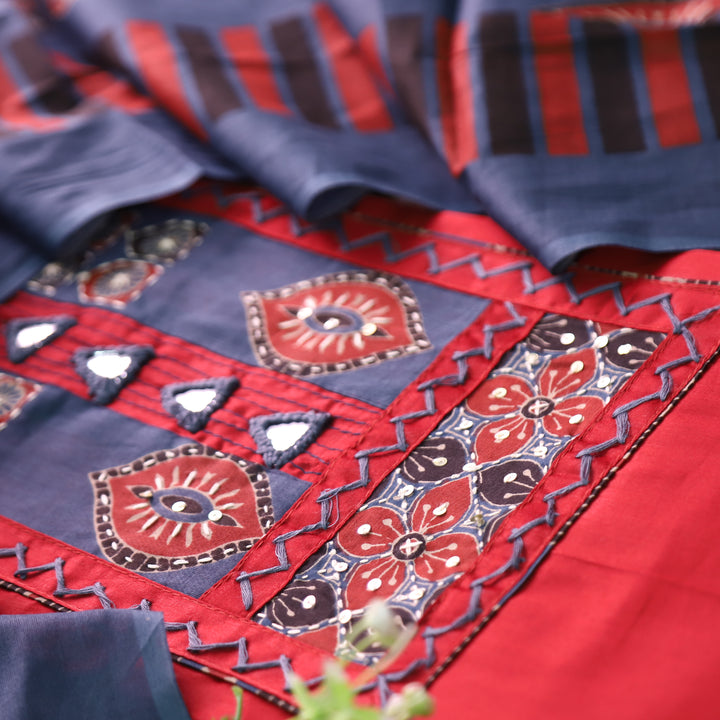 Bhumi Cherry Red Kutch Yoke with Mirror Work Glazed Cotton Set