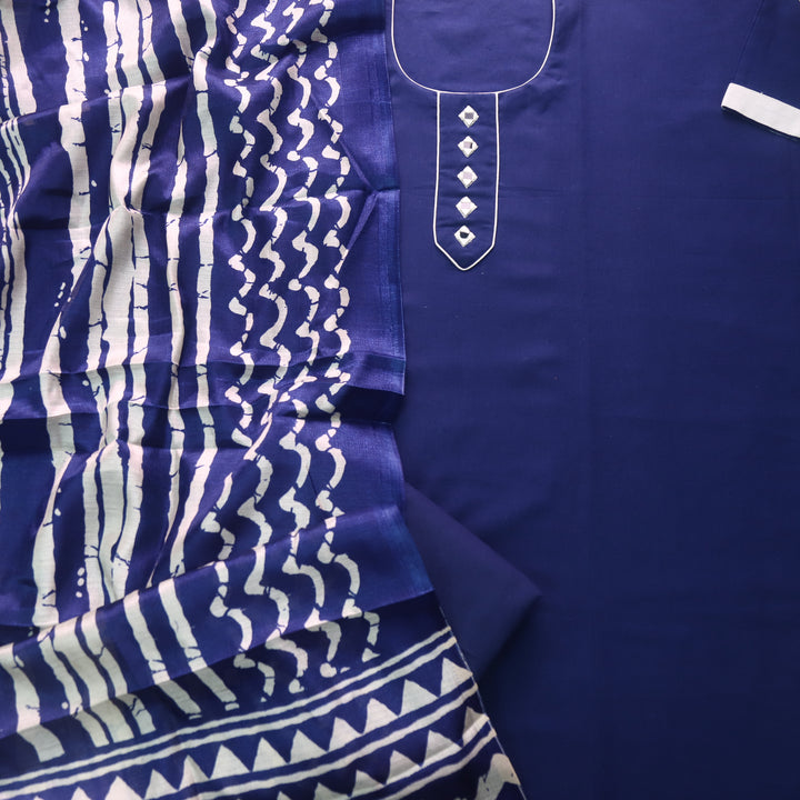 Aayat Royal Blue with Mirror Neck Work Cotton Slub Suit Set