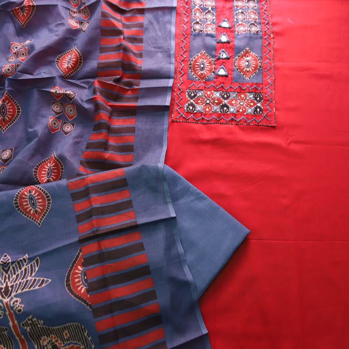 Bhumi Cherry Red Kutch Yoke with Mirror Work Glazed Cotton Set
