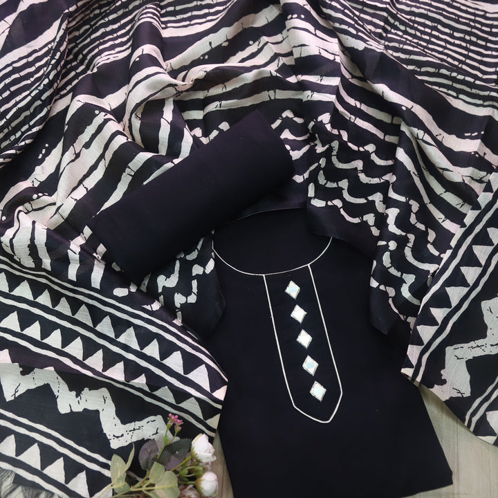 Aayat Raven Black with Mirror Neck Work Cotton Slub Suit Set