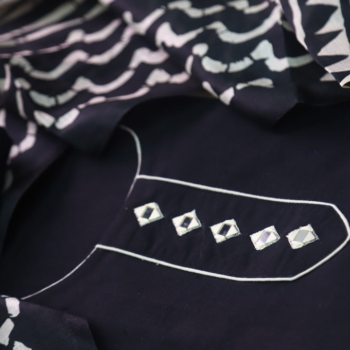 Aayat Raven Black with Mirror Neck Work Cotton Slub Suit Set